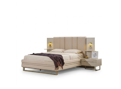 Ensemble de chambre de luxe Complet Lit Beige 2x Tables de chevet Moderne