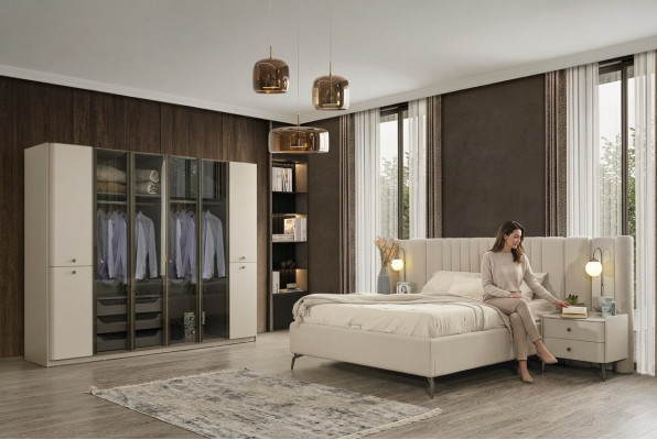 Mobilier de chambre moderne lit design en bois 2x tables de nuit 4 pièces