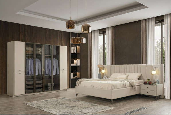 Mobilier de chambre moderne lit design en bois 2x tables de nuit 4 pièces