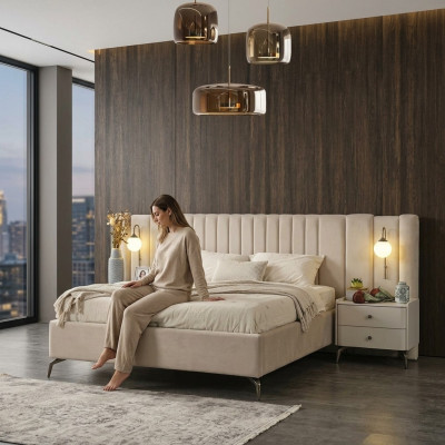 Ensemble de meubles rembourrés pour chambre blanche avec lit matrimonial élégant et 2 tables de nuit