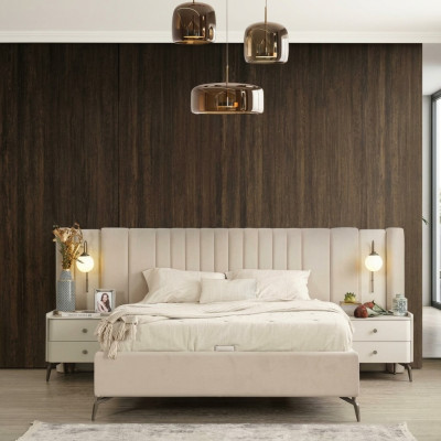 Ensemble de meubles rembourrés pour chambre blanche avec lit matrimonial élégant et 2 tables de nuit