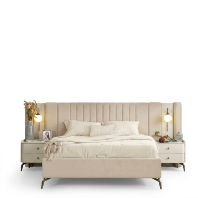 Ensemble de meubles rembourrés pour chambre blanche avec lit matrimonial élégant et 2 tables de nuit