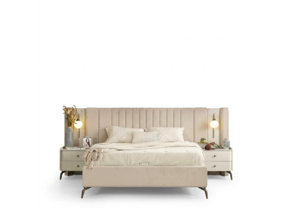Ensemble de meubles rembourrés pour chambre blanche avec lit matrimonial élégant et 2 tables de nuit
