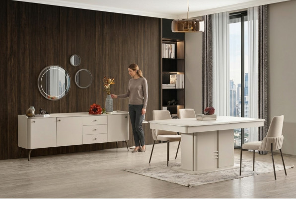 Moderne combinaison de salle à manger table en bois 4x chaises en tissu élégant buffet 6 pièces