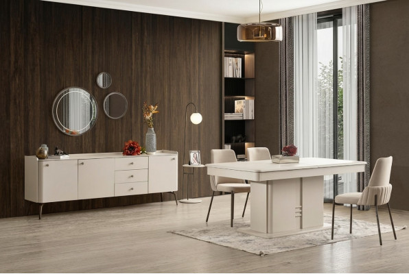 Moderne combinaison de salle à manger table en bois 4x chaises en tissu élégant buffet 6 pièces