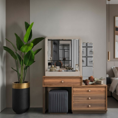 Coiffeuse marron de luxe en bois, table de maquillage moderne.