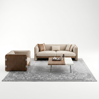 Complétez un ensemble de 5 pièces comprenant un canapé trois places, un fauteuil de luxe, une table basse en bois moderne.