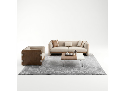 Complétez un ensemble de 5 pièces comprenant un canapé trois places, un fauteuil de luxe, une table basse en bois moderne.