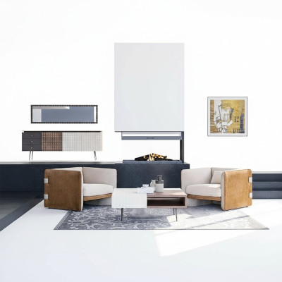 Ensemble de salon 3 pièces 2x Fauteuil beige Mobilier rembourré Luxueux Table basse en bois