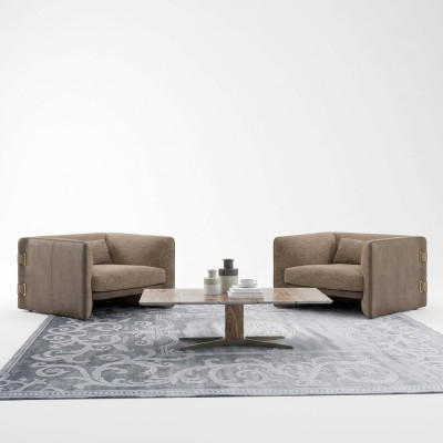 2x Fauteuil de luxe Salon Table basse en bois Mobilier moderne Fauteuil rembourré en textile