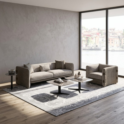 Ensemble complet 6 pièces canapé trois places neuf Fauteuil 2x Table basse en bois 2x Table d'appoint