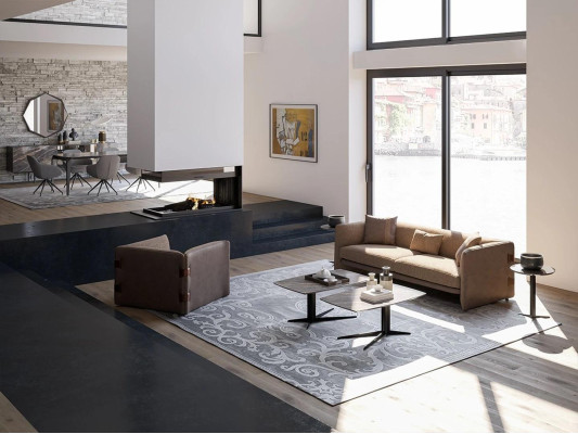 Meubles complets 6 pièces canapé moderne trois places fauteuil de luxe bois 2 tables basses.