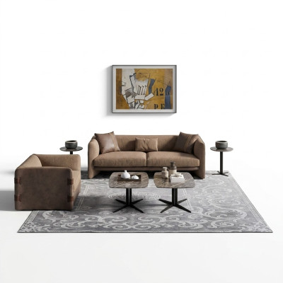Meubles complets 6 pièces canapé moderne trois places fauteuil de luxe bois 2 tables basses.