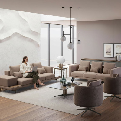 Ensemble de mobilier brun complet de 6 pièces 2x canapé trois places, 2x fauteuil rembourré
