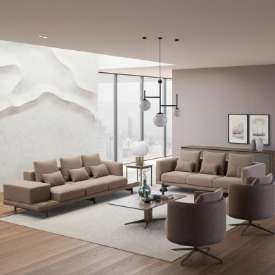 Ensemble de mobilier brun complet de 6 pièces 2x canapé trois places, 2x fauteuil rembourré