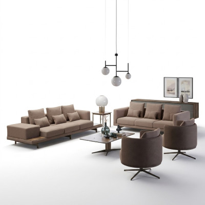 Ensemble de mobilier brun complet de 6 pièces 2x canapé trois places, 2x fauteuil rembourré