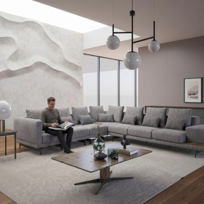 Luxus-Set Wohnzimmer Textil-Gepolstertes Sofa L-Form Holz Couchtisch mit Beistelltisch