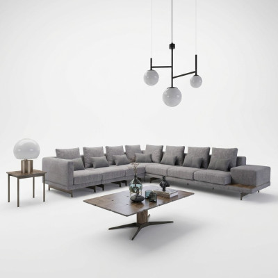 Luxus-Set Wohnzimmer Textil-Gepolstertes Sofa L-Form Holz Couchtisch mit Beistelltisch
