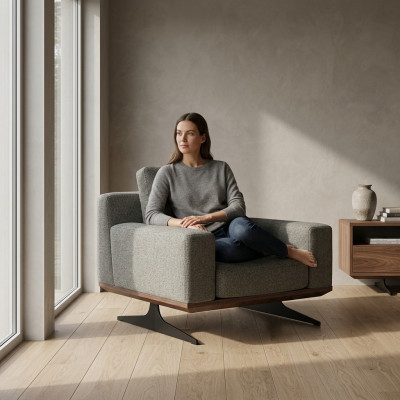 Chaise longue de designer de luxe, chaise rembourrée moderne en tissu gris pour mobilier nouvel