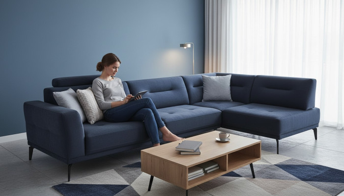 Suite d'angle Salon Canapé en L en tissu bleu foncé de design moderne