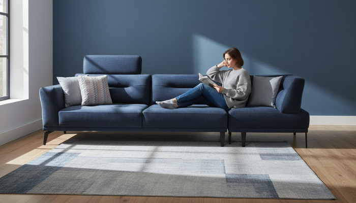 Canapé luxueux à quatre places en tissu bleu pour le salon, design moderne.