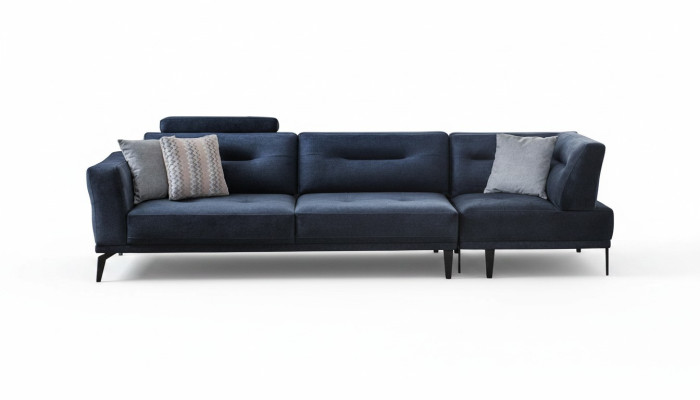 Canapé luxueux à quatre places en tissu bleu pour le salon, design moderne.