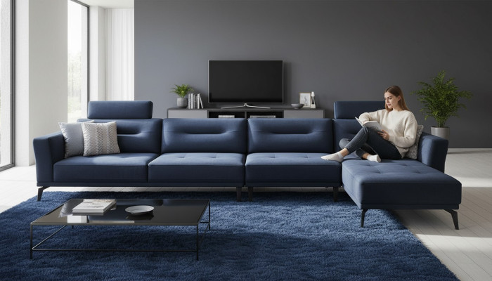 Salon en L L-forme avec un canapé d'angle bleu foncé de design moderne et luxueux.