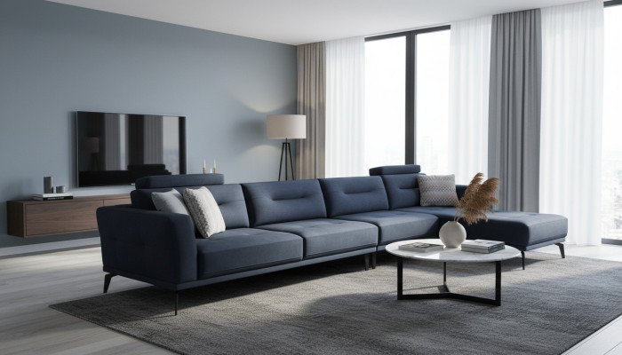 Salon en L L-forme avec un canapé d'angle bleu foncé de design moderne et luxueux.