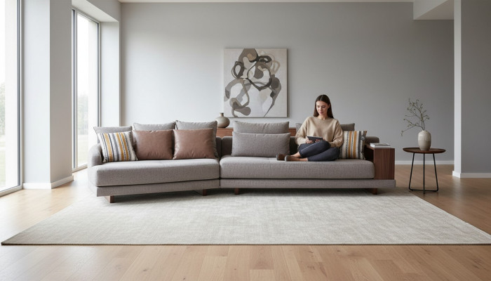 Canapé en tissu gris élégant et moderne à cinq places pour le salon massif