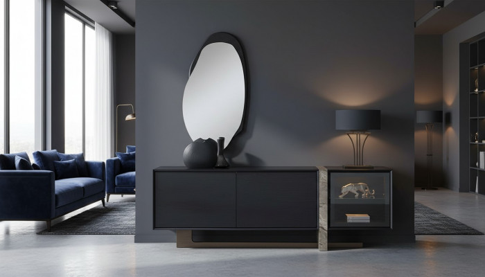 Buffet avec miroir pour salle à manger et salon, design moderne, ensemble de 2 pièces.