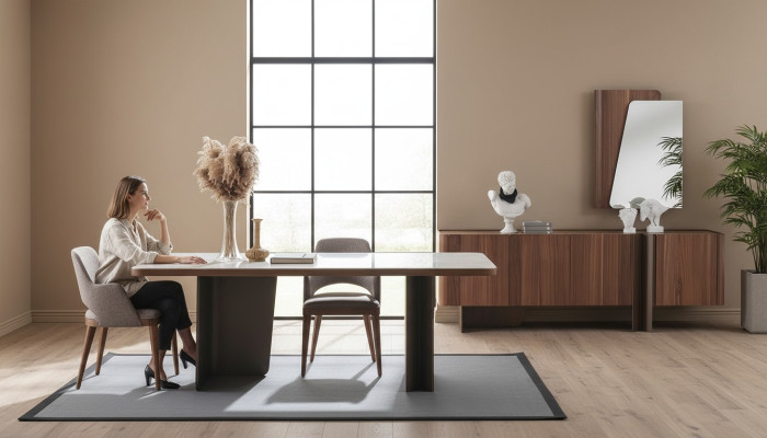 Salle à manger Ensemble moderne de 7 pièces Table à manger Buffet Bahut Miroir Chaises