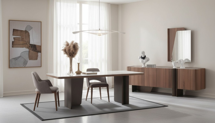 Salle à manger Ensemble moderne de 7 pièces Table à manger Buffet Bahut Miroir Chaises