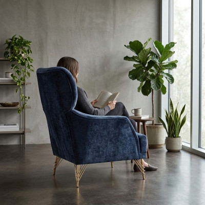 Fauteuil moderne bleu pour salon en tissu élégant, siège unique