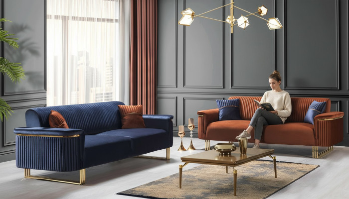 Ensemble canapé de salon bleu-oranges de designer en tissu, meubles modernes canapés 2 pièces