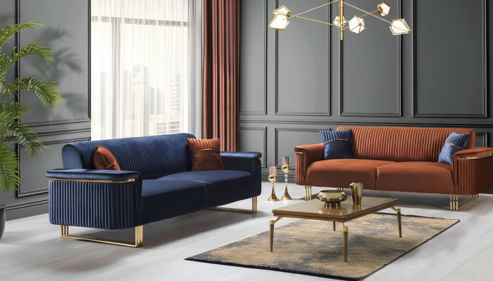 Ensemble canapé de salon bleu-oranges de designer en tissu, meubles modernes canapés 2 pièces