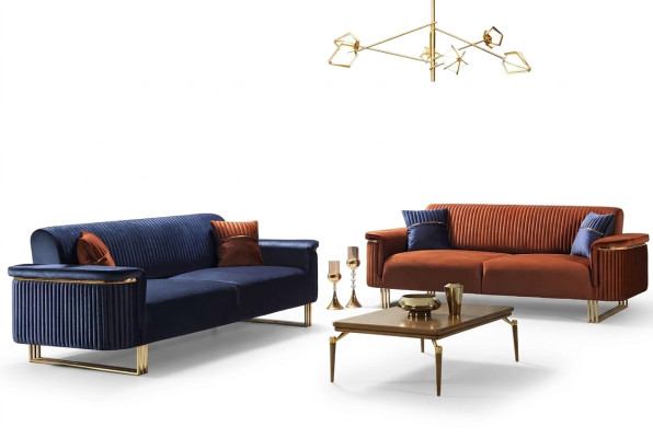 Ensemble canapé de salon bleu-oranges de designer en tissu, meubles modernes canapés 2 pièces