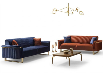 Ensemble canapé de salon bleu-oranges de designer en tissu, meubles modernes canapés 2 pièces