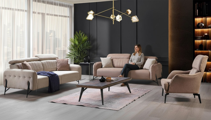 Ensemble de canapé de salon beige avec designer 2 fauteuils en tissu 3 places 3 pièces.