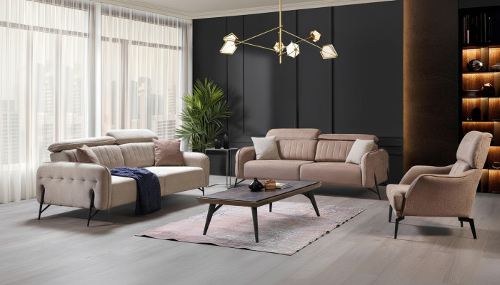 Ensemble de canapé de salon beige avec designer 2 fauteuils en tissu 3 places 3 pièces.