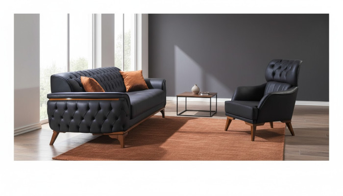 Canapé en cuir de luxe Chesterfield noir Suite Designer Fauteuil designer