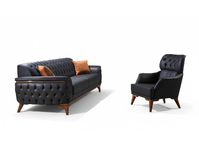 Canapé en cuir de luxe Chesterfield noir Suite Designer Fauteuil designer