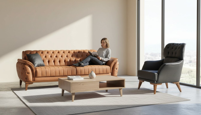 Suite Orange-Noir Chesterfield luxueuse Ensemble de fauteuils trois places 2 pièces