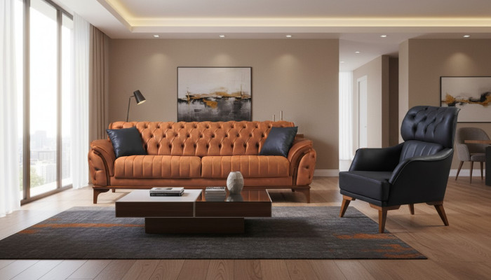 Suite Orange-Noir Chesterfield luxueuse Ensemble de fauteuils trois places 2 pièces