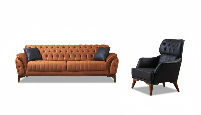 Suite Orange-Noir Chesterfield luxueuse Ensemble de fauteuils trois places 2 pièces