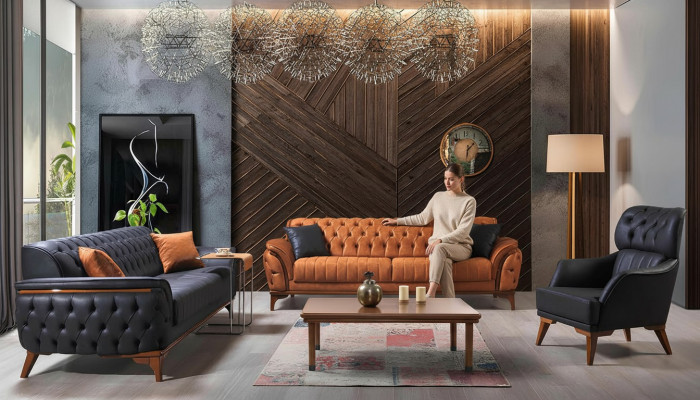 Canapé Chesterfield noir-orange ensemble de canapés de salon fauteuil 4 pièces
