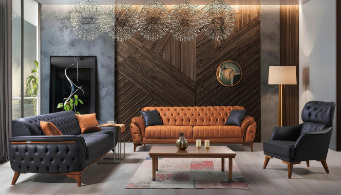 Canapé Chesterfield noir-orange ensemble de canapés de salon fauteuil 4 pièces