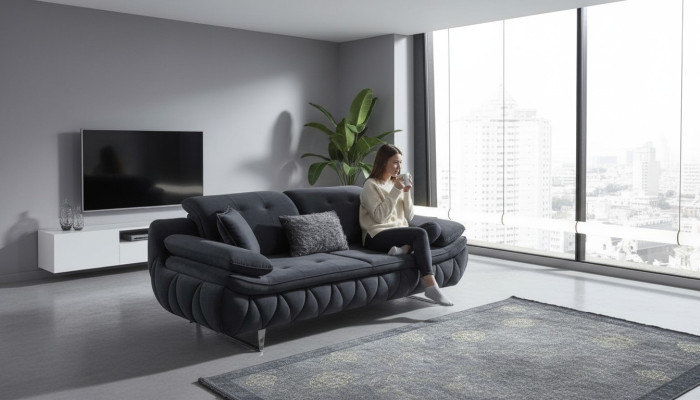 Canapé en tissu pour le salon moderne 3 places noir avec coussin textile