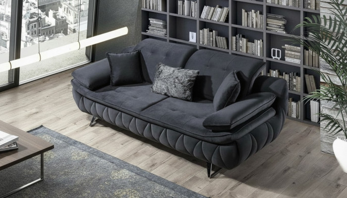 Canapé en tissu pour le salon moderne 3 places noir avec coussin textile