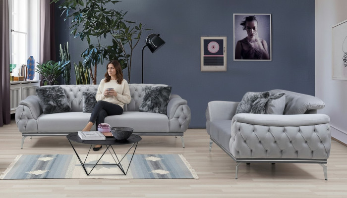 Salon en tissu gris canapé design moderne Chesterfield Matériau textile