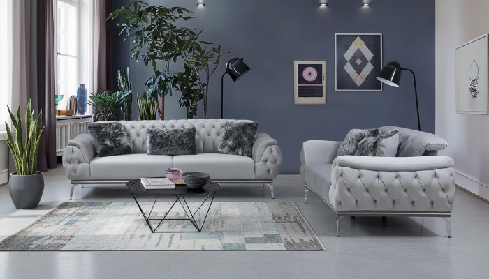 Salon en tissu gris canapé design moderne Chesterfield Matériau textile